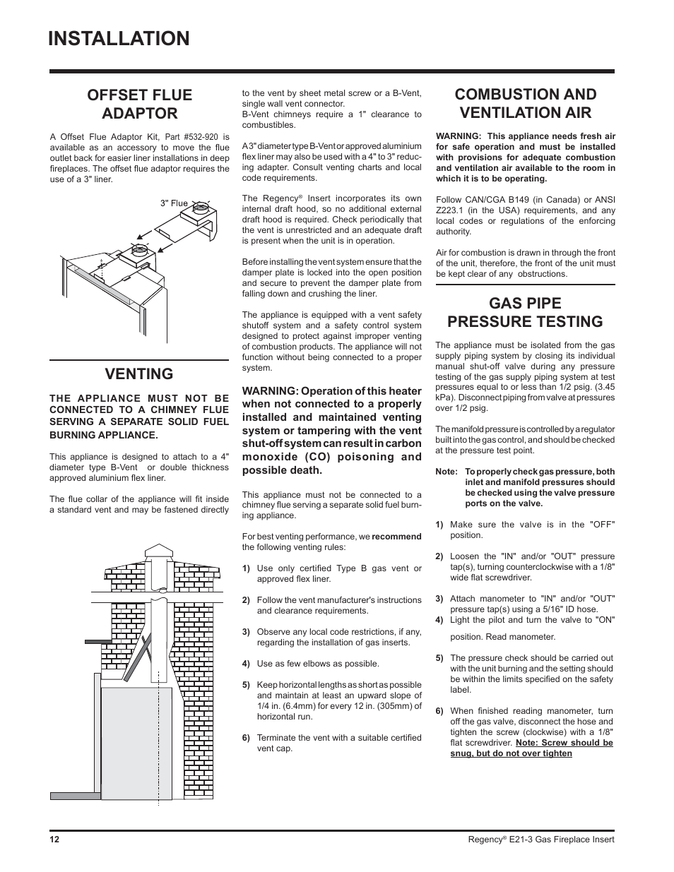 Installation, Gas pipe pressure testing, Offset flue adaptor | Venting, Combustion and ventilation air | Regency Gas Insert E21-NG3 User Manual | Page 12 / 36