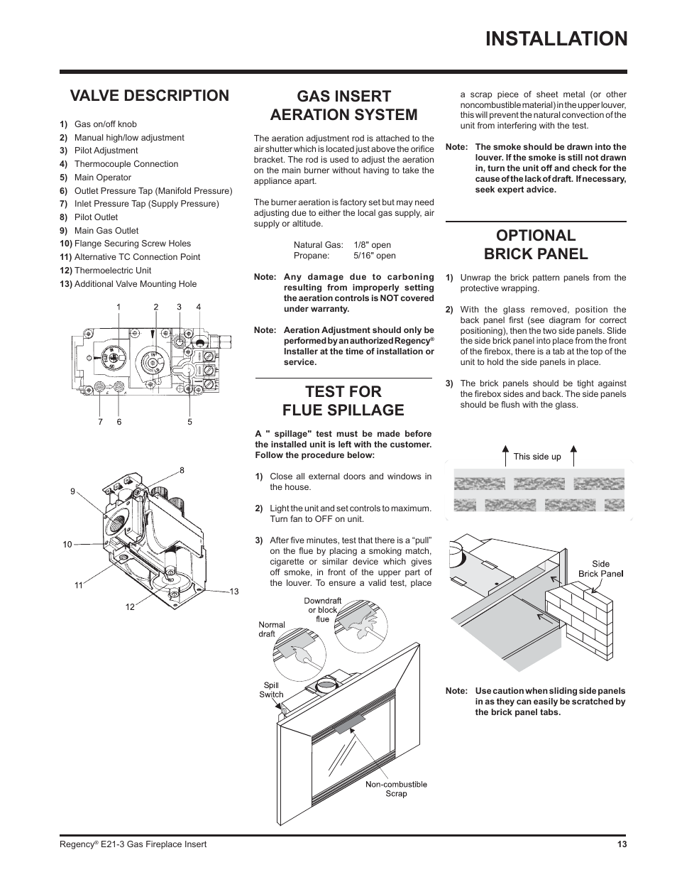 Installation, Test for flue spillage, Gas insert aeration system | Optional brick panel, Valve description | Regency Gas Insert E21-NG3 User Manual | Page 13 / 36