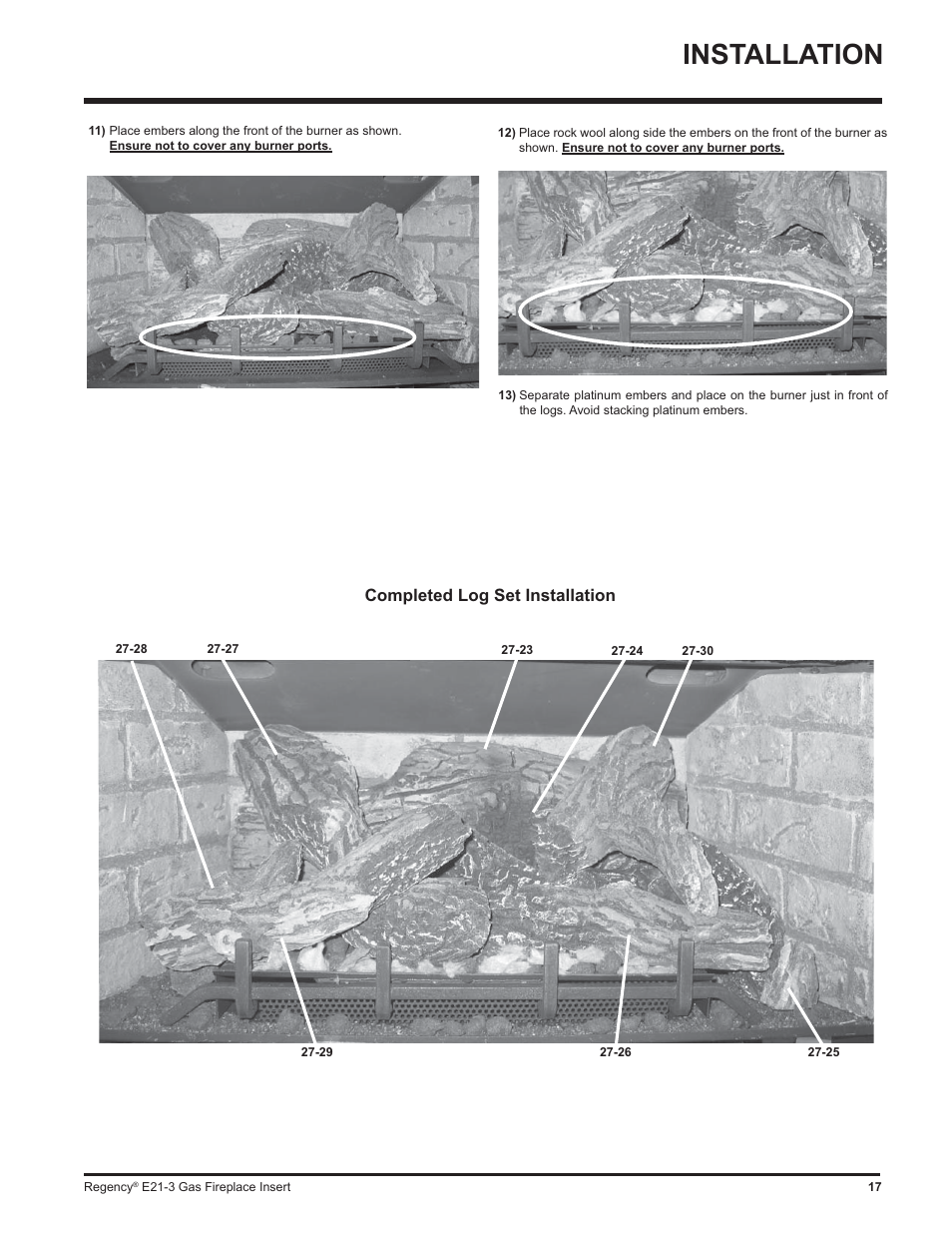 Installation, Completed log set installation | Regency Gas Insert E21-NG3 User Manual | Page 17 / 36
