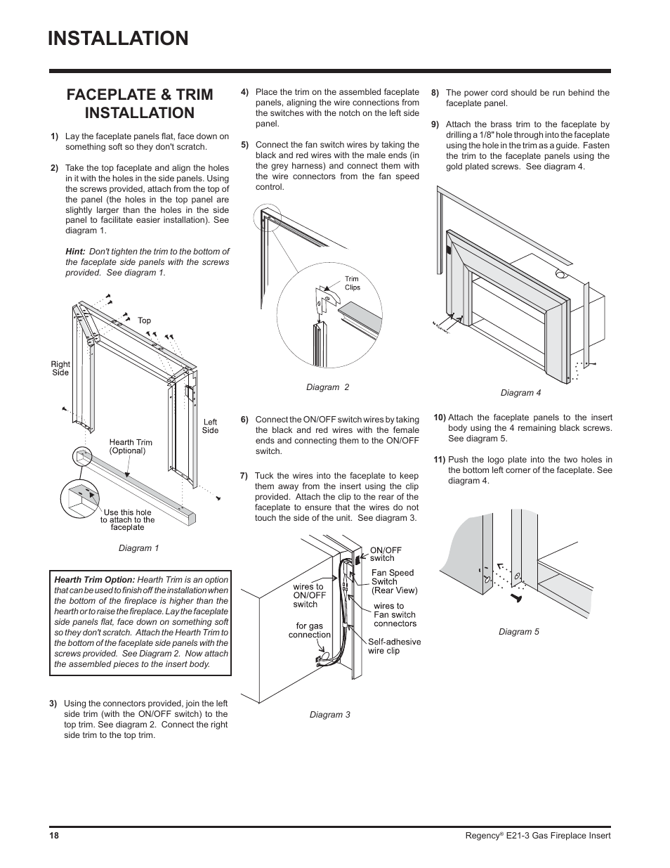 Installation, Faceplate & trim installation | Regency Gas Insert E21-NG3 User Manual | Page 18 / 36