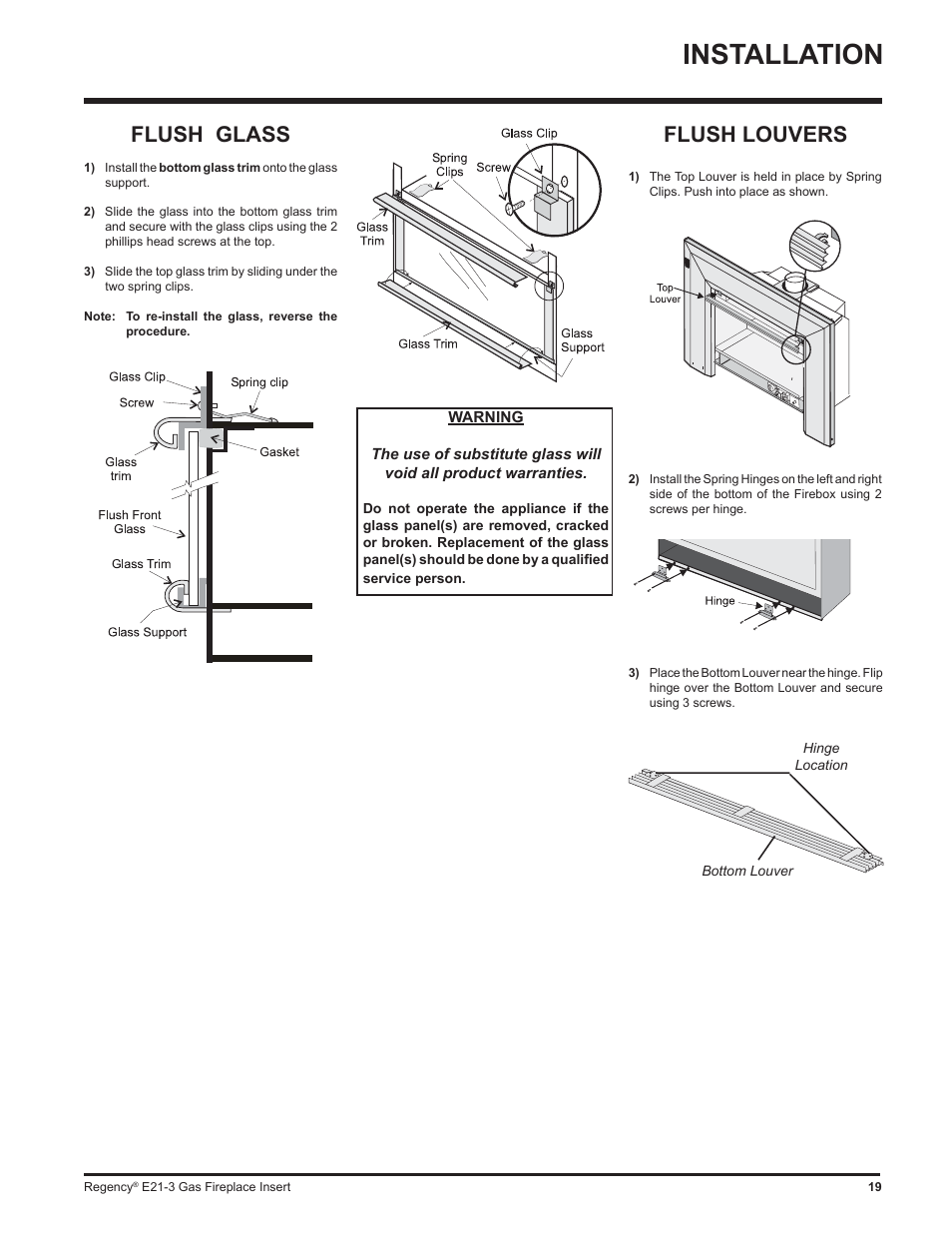 Installation, Flush glass, Flush louvers | Regency Gas Insert E21-NG3 User Manual | Page 19 / 36