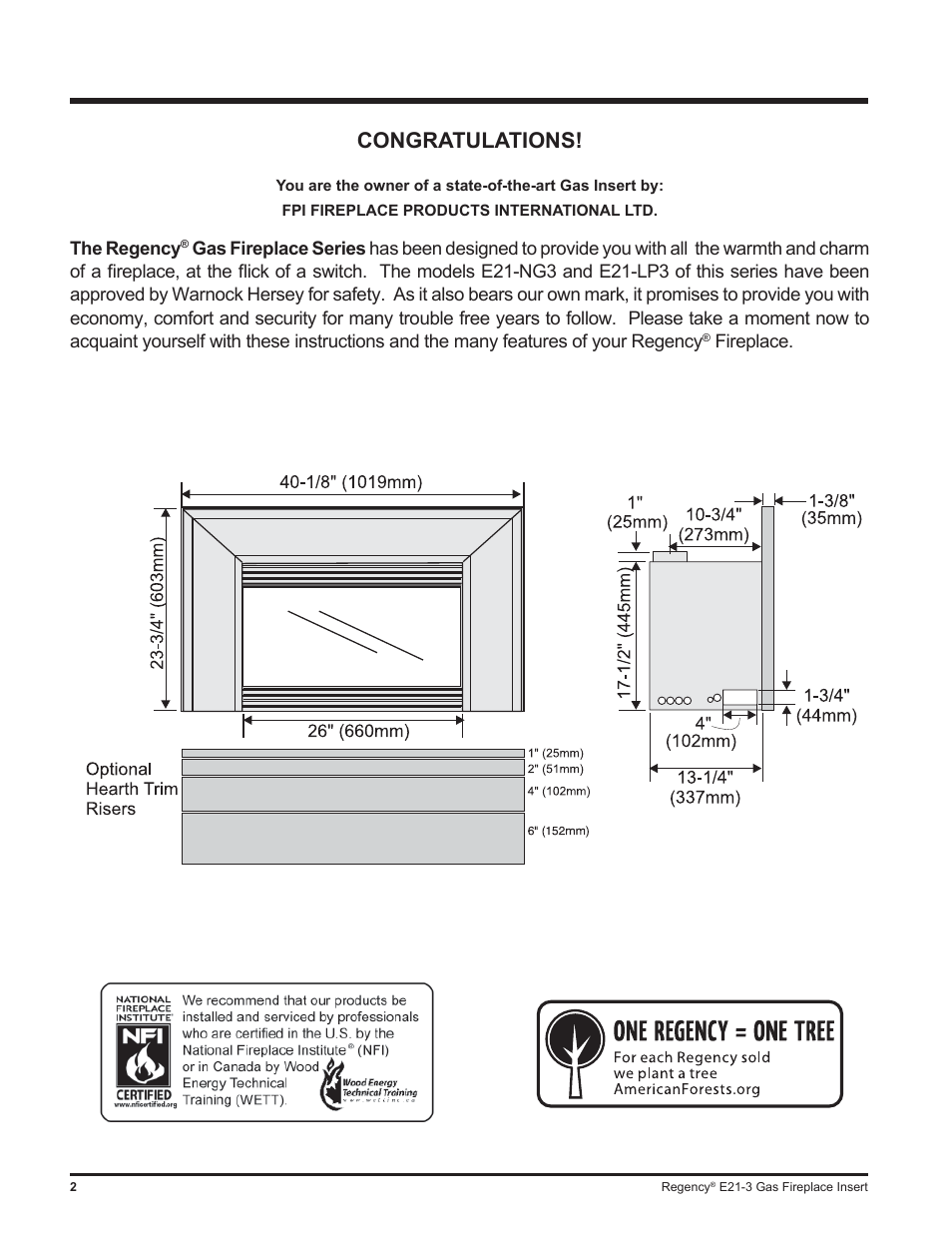 The regency, Fireplace | Regency Gas Insert E21-NG3 User Manual | Page 2 / 36