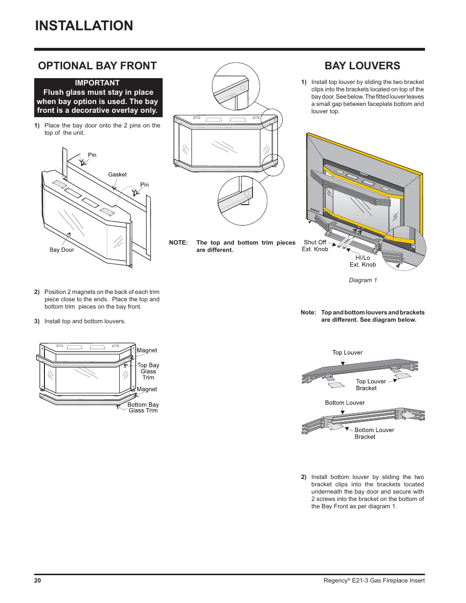 Installation, Bay louvers, Optional bay front | Regency Gas Insert E21-NG3 User Manual | Page 20 / 36
