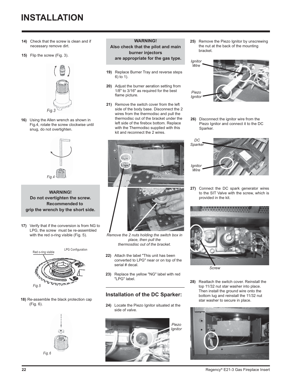 Installation, Installation of the dc sparker | Regency Gas Insert E21-NG3 User Manual | Page 22 / 36