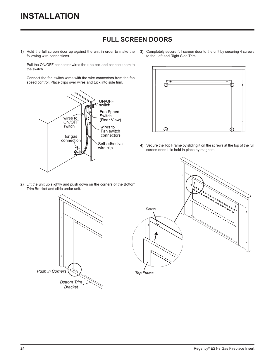 Installation, Full screen doors | Regency Gas Insert E21-NG3 User Manual | Page 24 / 36