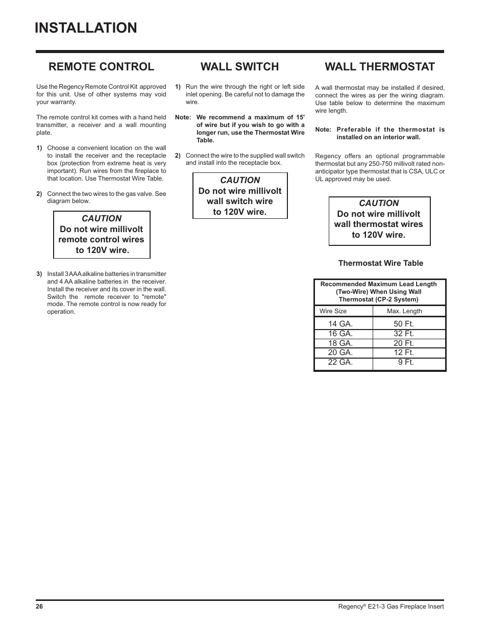 Installation, Wall switch, Remote control | Wall thermostat | Regency Gas Insert E21-NG3 User Manual | Page 26 / 36