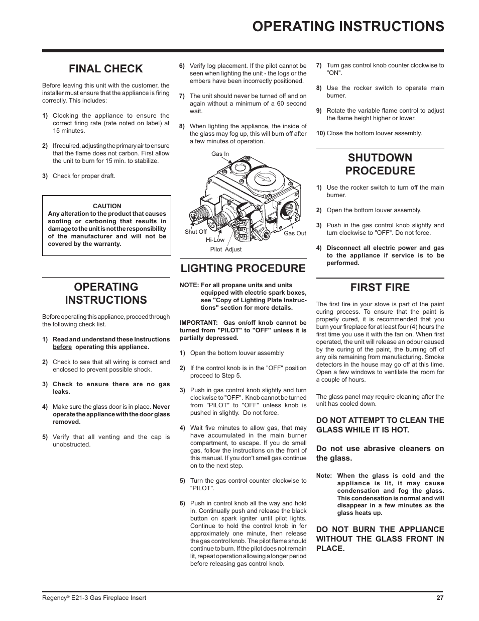 Operating instructions, Final check, Shutdown procedure | First fire, Lighting procedure | Regency Gas Insert E21-NG3 User Manual | Page 27 / 36