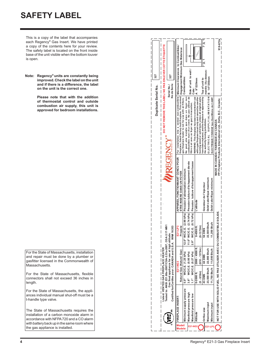 Safety label, 4regency, E21-3 gas fireplace insert | Regency Gas Insert E21-NG3 User Manual | Page 4 / 36