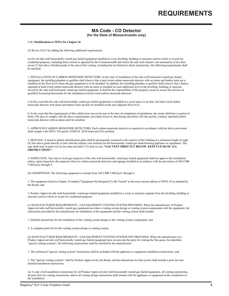 Requirements, Ma code - co detector | Regency Gas Insert E21-NG3 User Manual | Page 5 / 36