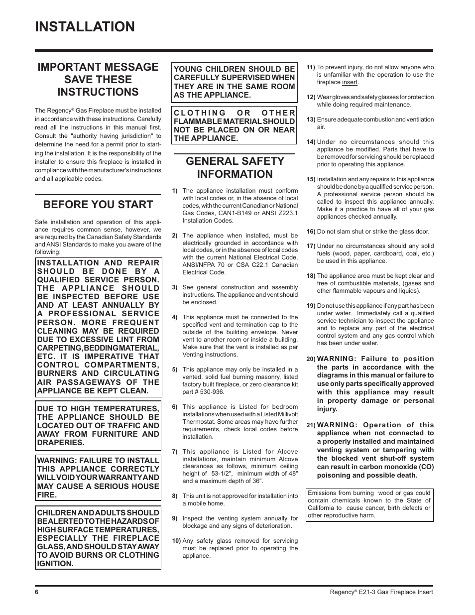 Installation, Important message save these instructions, Before you start | General safety information | Regency Gas Insert E21-NG3 User Manual | Page 6 / 36