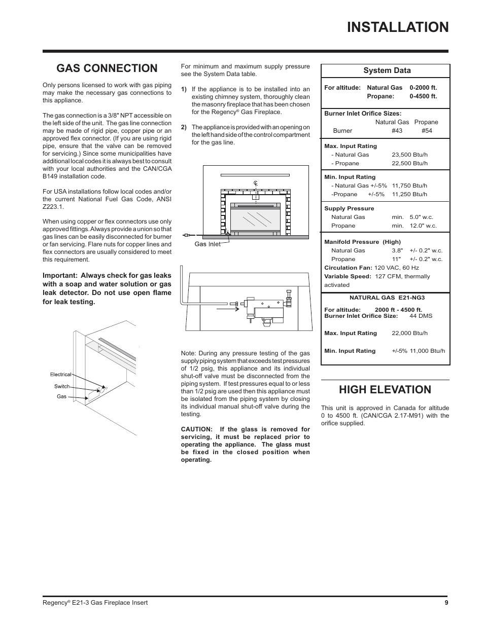 Installation, High elevation, Gas connection | Regency Gas Insert E21-NG3 User Manual | Page 9 / 36