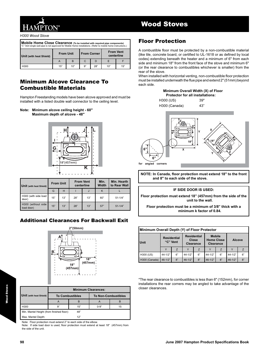 Wood stoves, Minimum alcove clearance to combustible materials, Floor protection | Additional clearances for backwall exit | Regency H300 User Manual | Page 2 / 2