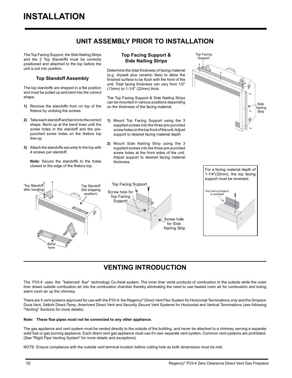 Installation, Unit assembly prior to installation, Venting introduction | Regency P33-LP4 User Manual | Page 10 / 52