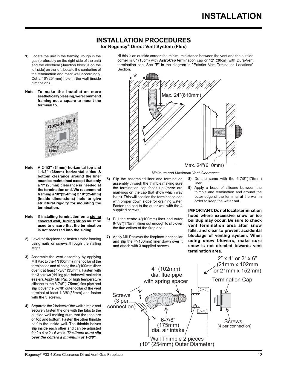 Installation, Installation procedures, Screws (3 per connection) | Regency P33-LP4 User Manual | Page 13 / 52
