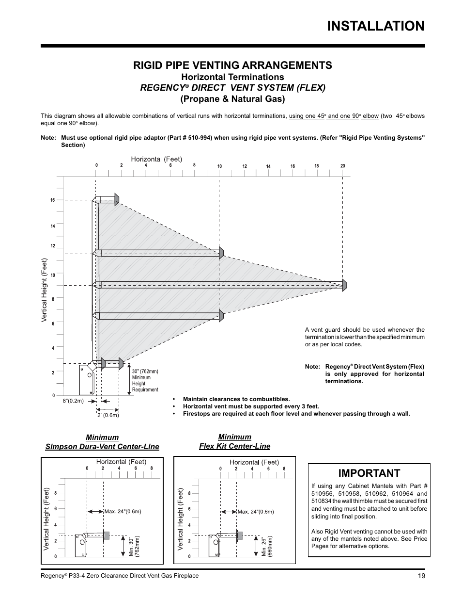 Installation, Rigid pipe venting arrangements, Important | Horizontal terminations regency, Direct vent system (flex) (propane & natural gas) | Regency P33-LP4 User Manual | Page 19 / 52