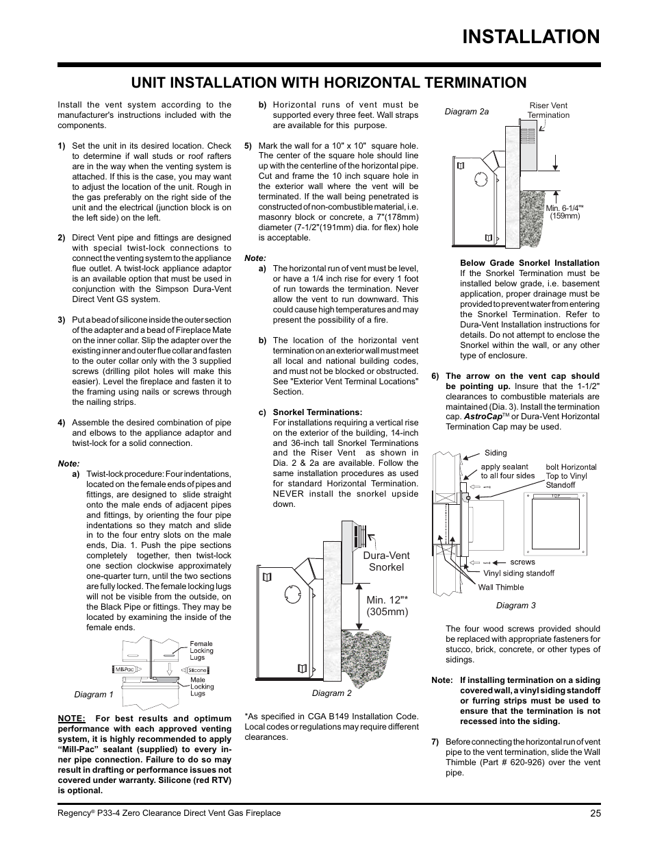 Installation, Unit installation with horizontal termination | Regency P33-LP4 User Manual | Page 25 / 52