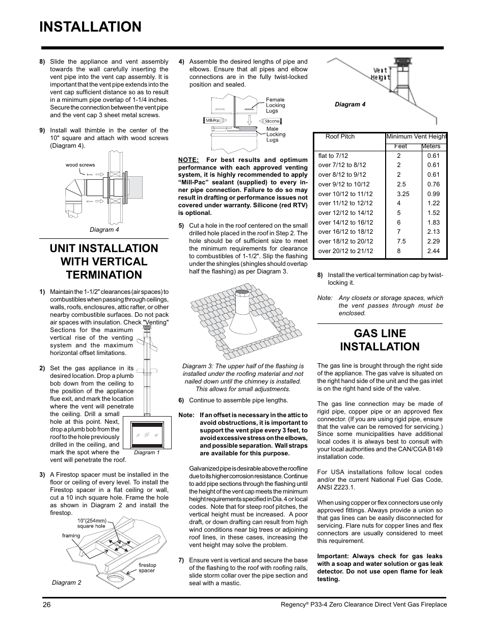 Installation, Gas line installation, Unit installation with vertical termination | Regency P33-LP4 User Manual | Page 26 / 52