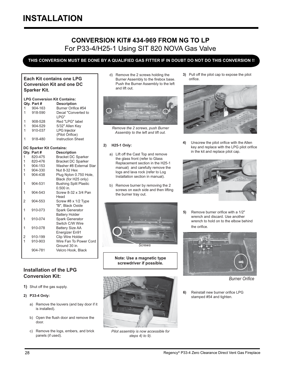 Installation, Installation of the lpg conversion kit, Burner oriﬁ ce | Regency P33-LP4 User Manual | Page 28 / 52