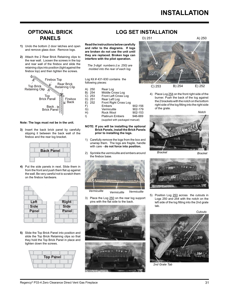 Installation, Optional brick panels, Log set installation | Regency P33-LP4 User Manual | Page 31 / 52