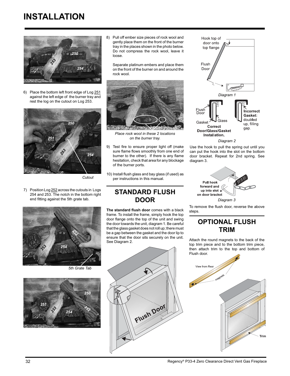 Installation, Standard flush door, Optional flush trim | Regency P33-LP4 User Manual | Page 32 / 52