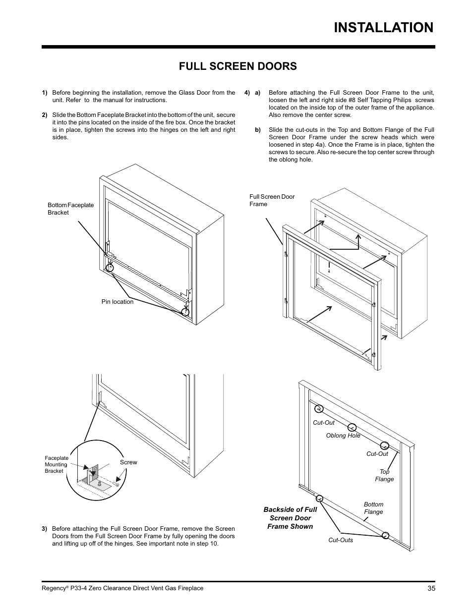 Installation, Full screen doors | Regency P33-LP4 User Manual | Page 35 / 52