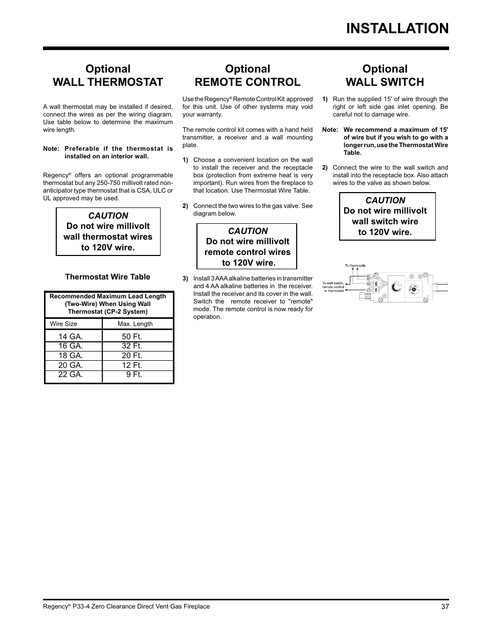 Installation, Optional wall switch, Optional wall thermostat | Optional remote control | Regency P33-LP4 User Manual | Page 37 / 52