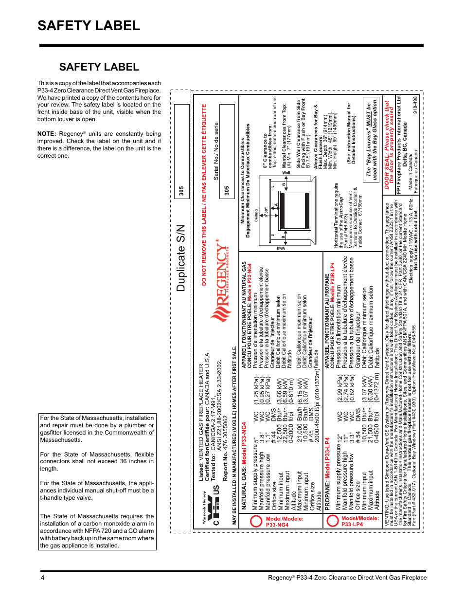 Safety label | Regency P33-LP4 User Manual | Page 4 / 52