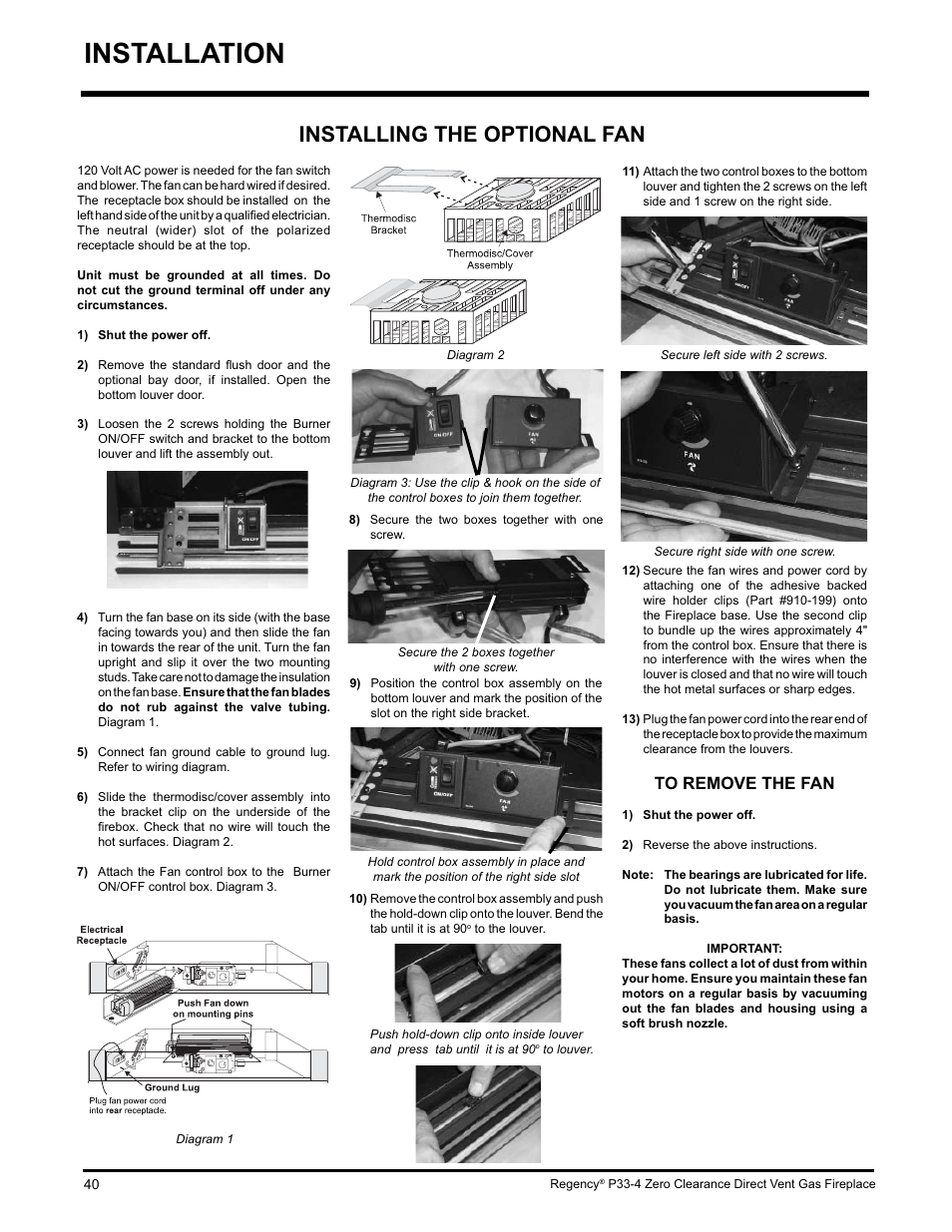 Installation, Installing the optional fan | Regency P33-LP4 User Manual | Page 40 / 52