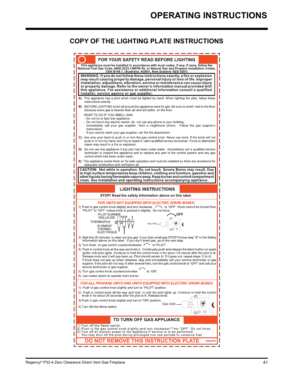 Operating instructions, Copy of the lighting plate instructions | Regency P33-LP4 User Manual | Page 41 / 52