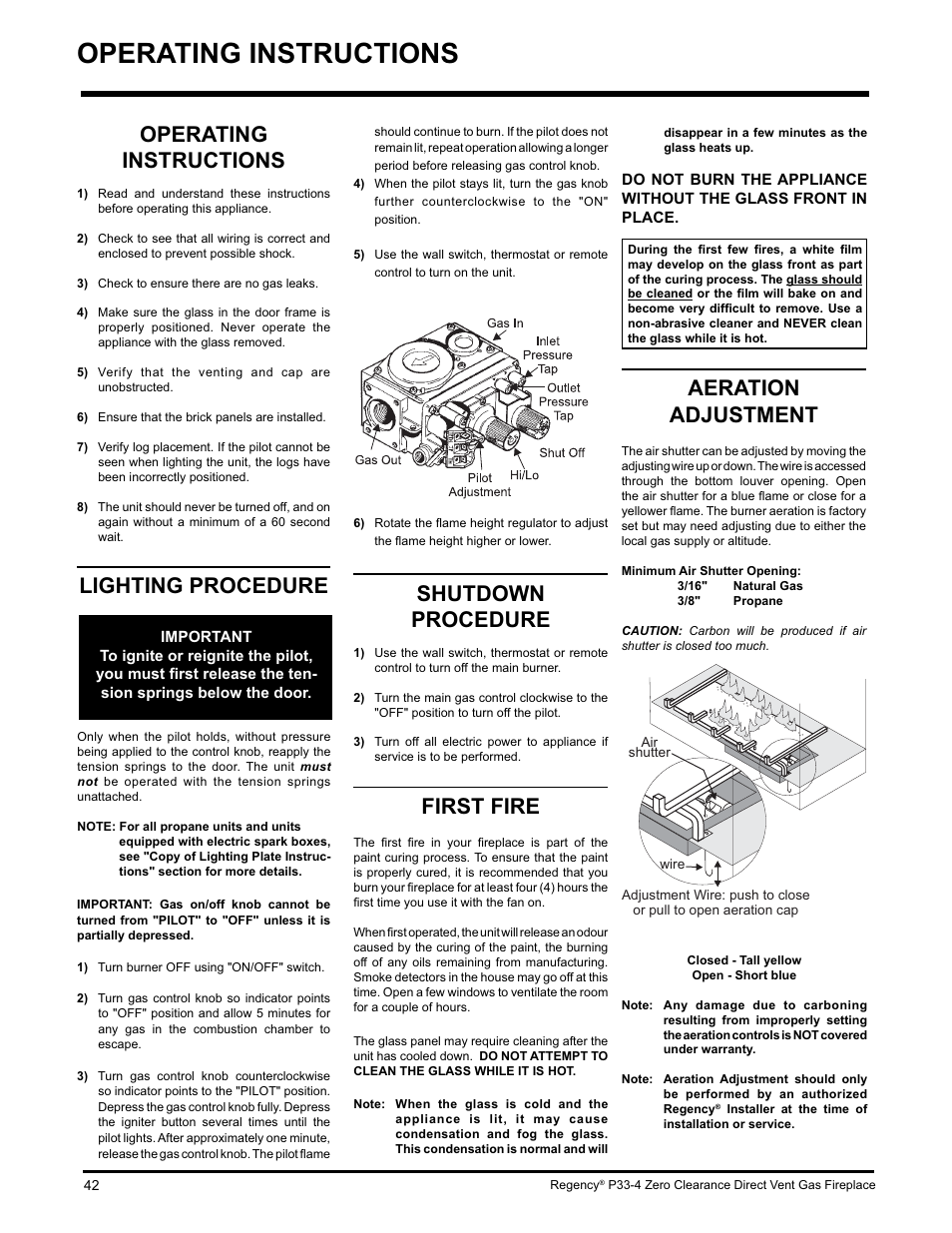 Operating instructions, Aeration adjustment, Shutdown procedure | First fire, Lighting procedure | Regency P33-LP4 User Manual | Page 42 / 52