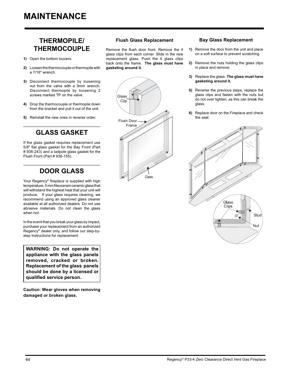 Maintenance, Thermopile/ thermocouple, Glass gasket | Door glass | Regency P33-LP4 User Manual | Page 44 / 52