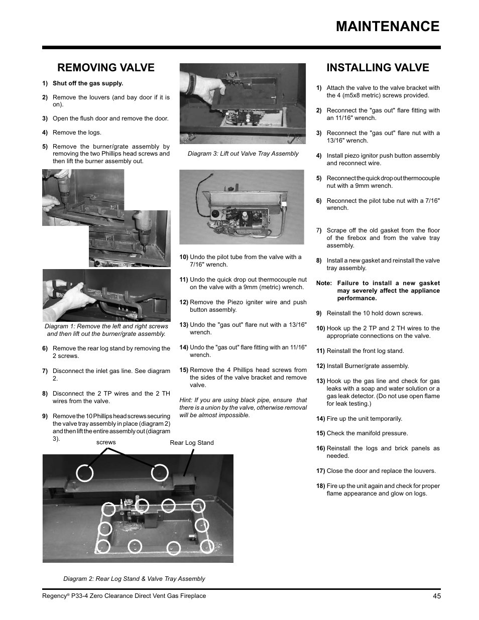 Maintenance, Removing valve, Installing valve | Regency P33-LP4 User Manual | Page 45 / 52