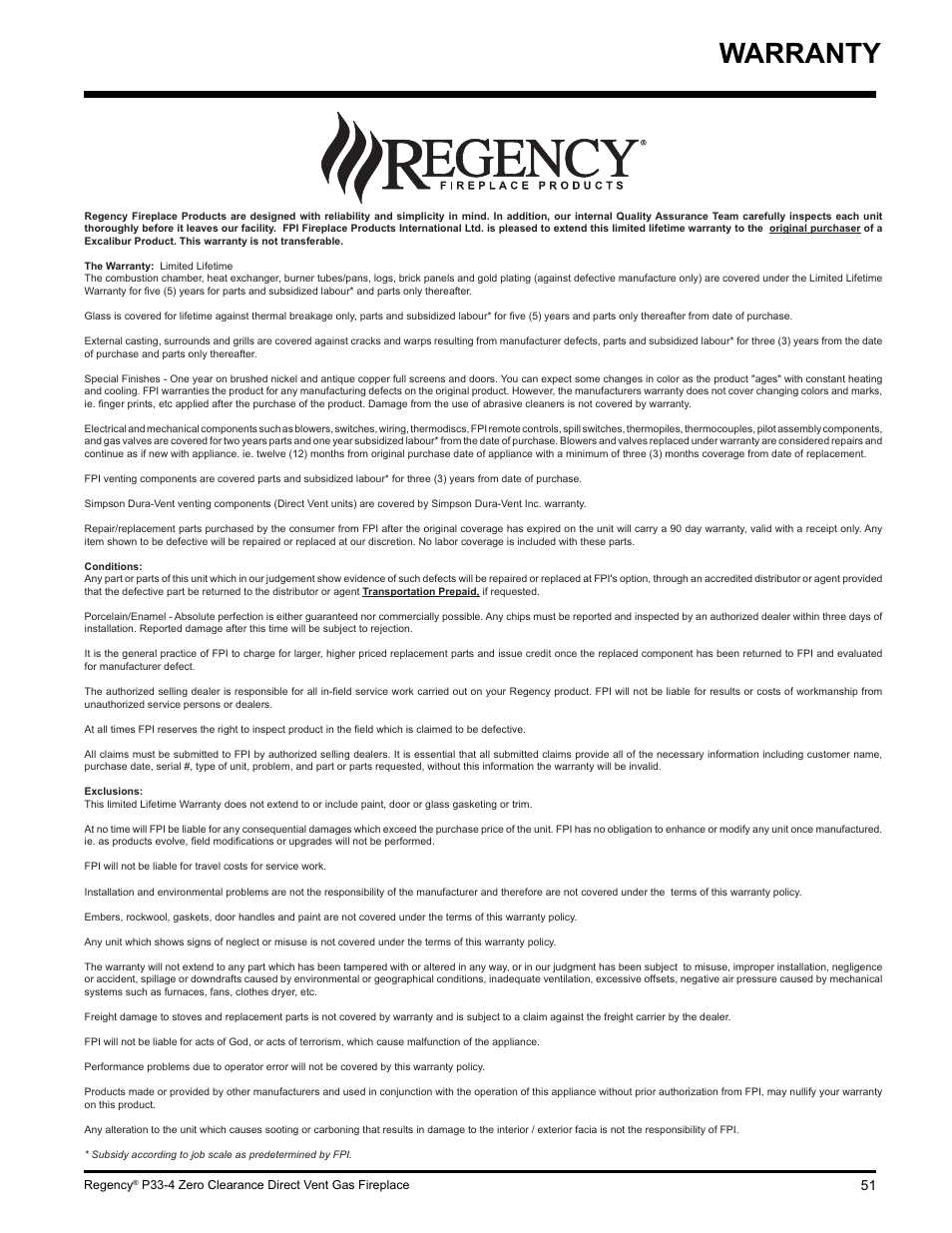 Warranty | Regency P33-LP4 User Manual | Page 51 / 52