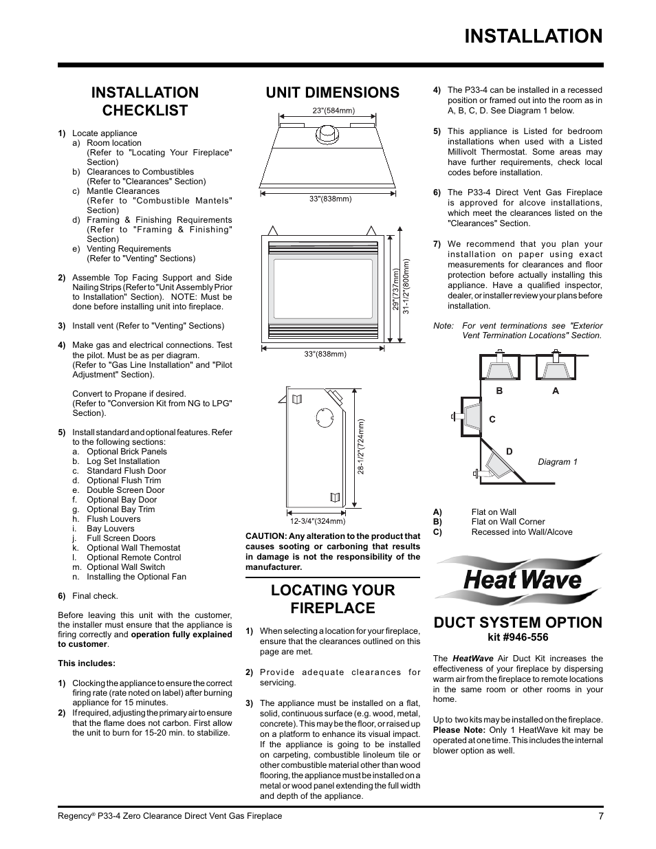 Installation, Duct system option, Installation checklist | Locating your fireplace, Unit dimensions | Regency P33-LP4 User Manual | Page 7 / 52