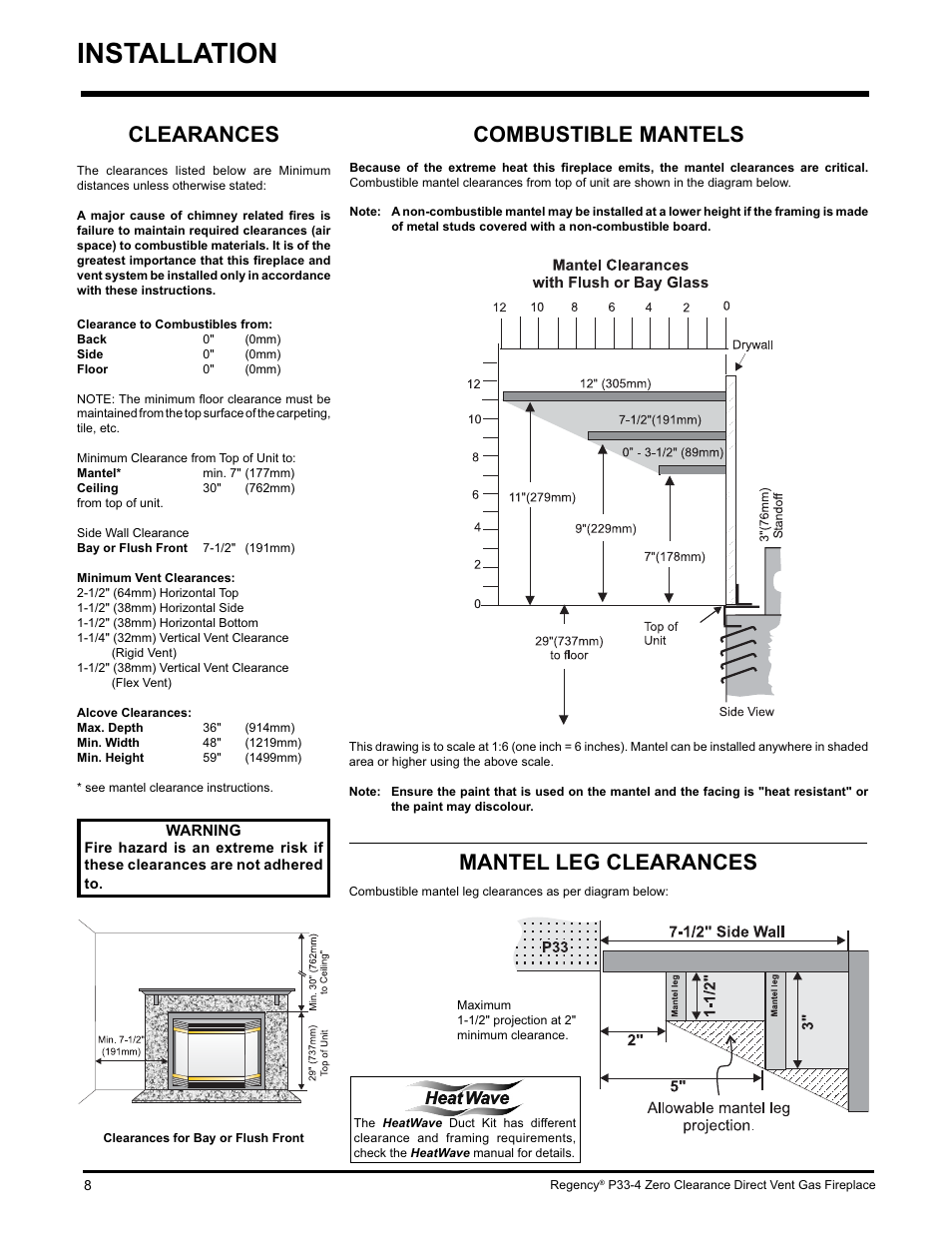 Installation, Combustible mantels, Mantel leg clearances | Clearances | Regency P33-LP4 User Manual | Page 8 / 52