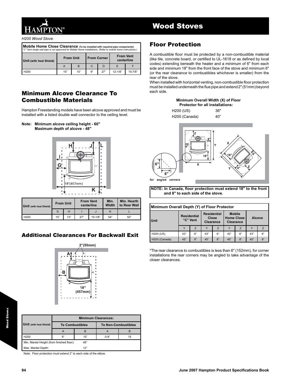 Wood stoves, Minimum alcove clearance to combustible materials, Floor protection | Additional clearances for backwall exit | Regency H200 User Manual | Page 2 / 2