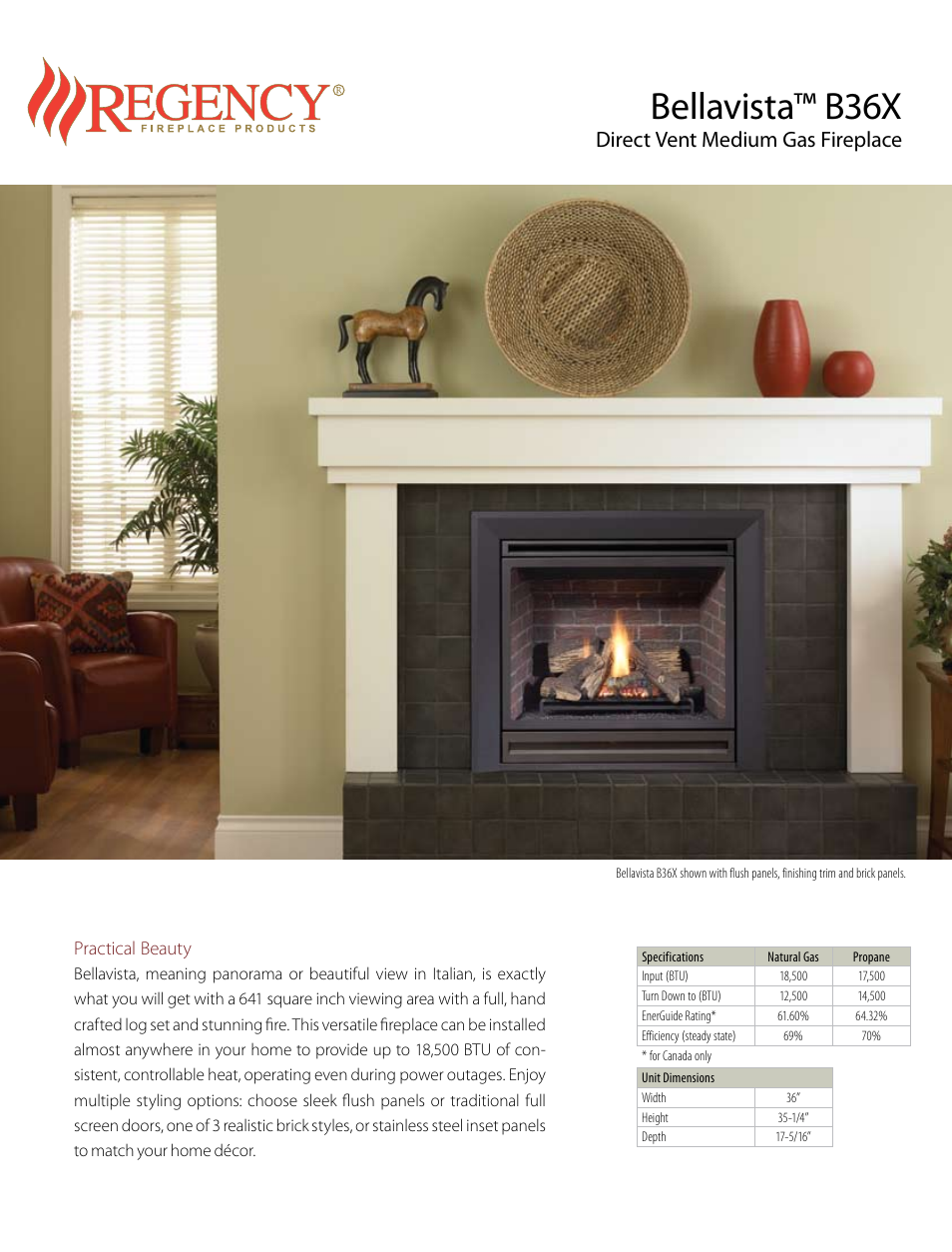 Regency Direct Vent Medium Gas Fireplace Bellavista B36X User Manual | 2 pages