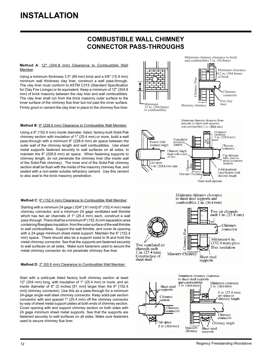 Installation, Combustible wall chimney connector pass-throughs | Regency F2402M User Manual | Page 12 / 28