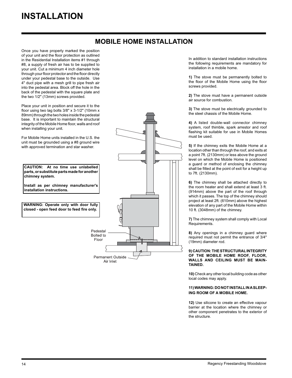 Installation, Mobile home installation | Regency F2402M User Manual | Page 14 / 28