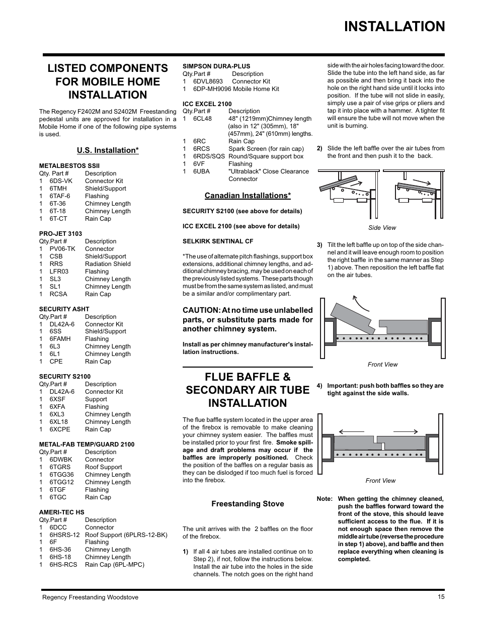 Installation, Flue baffle & secondary air tube installation, Listed components for mobile home installation | Regency F2402M User Manual | Page 15 / 28