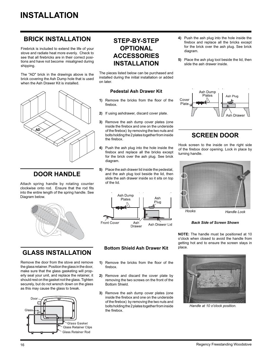 Installation, Glass installation, Brick installation | Door handle, Step-by-step optional accessories installation, Screen door | Regency F2402M User Manual | Page 16 / 28