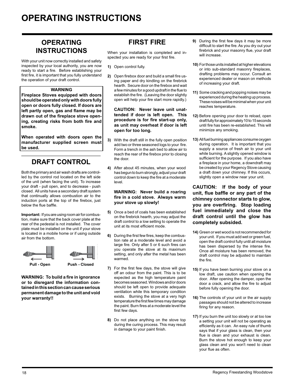 Operating instructions, Draft control, First fire | Regency F2402M User Manual | Page 18 / 28