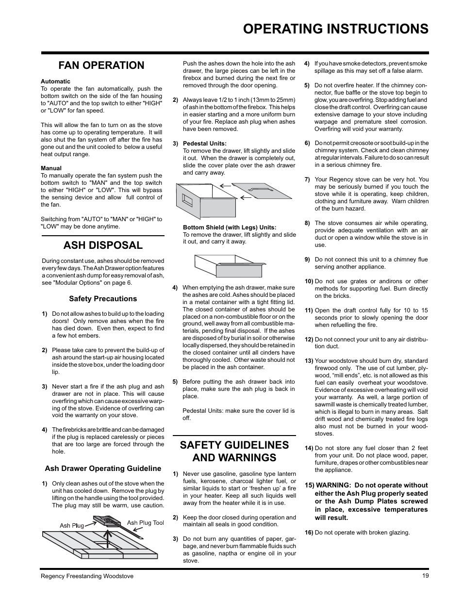 Operating instructions, Safety guidelines and warnings, Ash disposal | Fan operation | Regency F2402M User Manual | Page 19 / 28