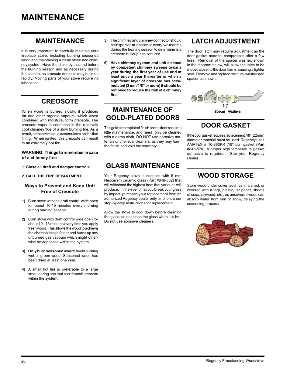 Maintenance, Creosote, Wood storage | Maintenance of gold-plated doors, Latch adjustment, Door gasket, Glass maintenance | Regency F2402M User Manual | Page 20 / 28
