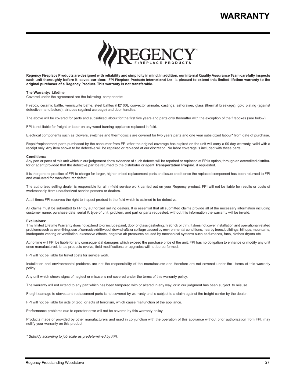Warranty | Regency F2402M User Manual | Page 27 / 28