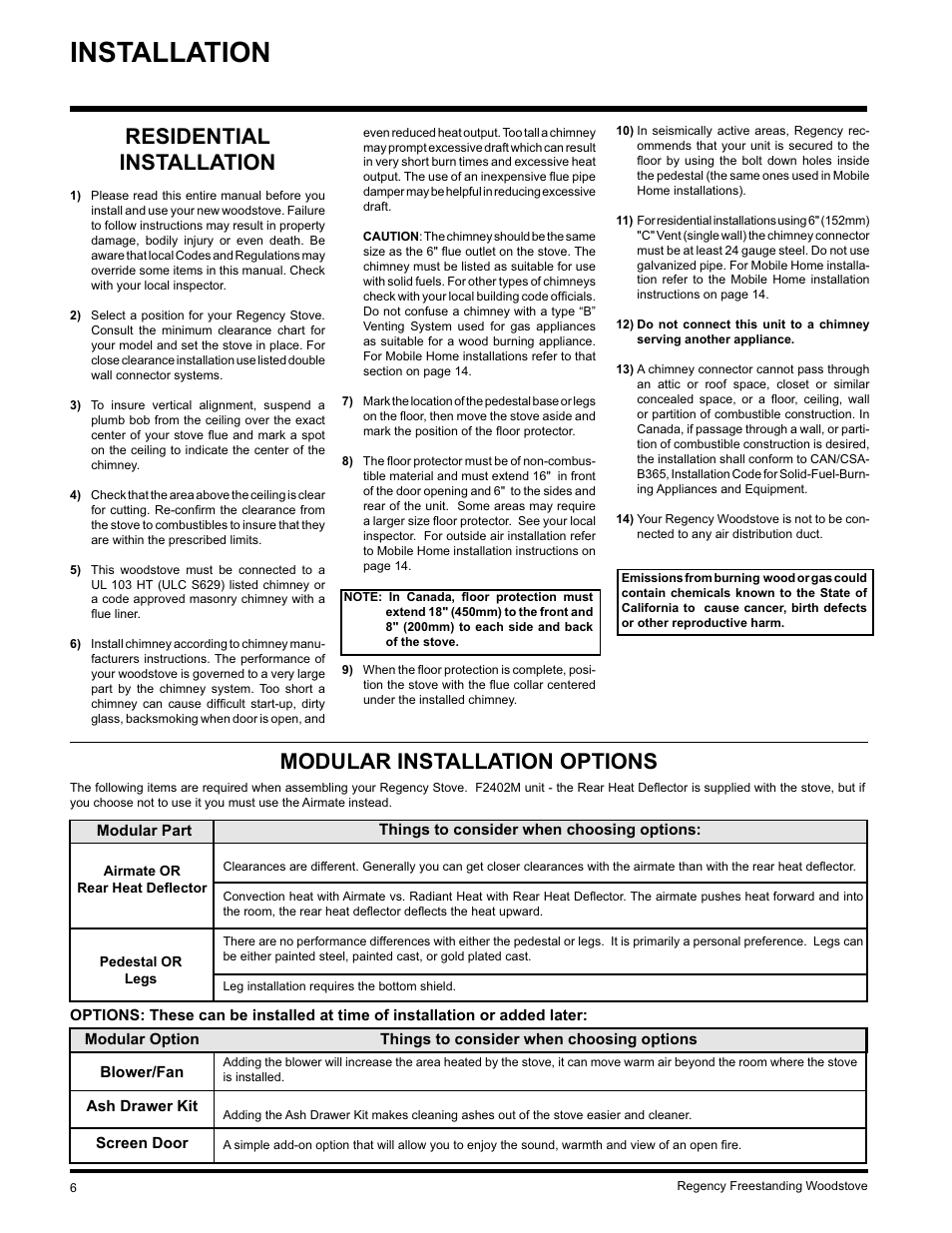 Installation, Residential installation, Modular installation options | Regency F2402M User Manual | Page 6 / 28