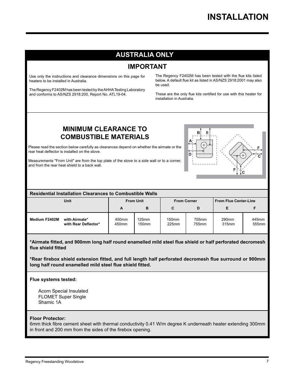 Installation, Australia only, Important | Regency F2402M User Manual | Page 7 / 28