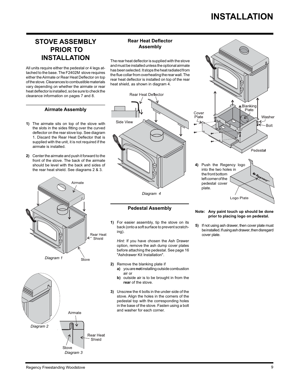 Installation, Stove assembly prior to installation | Regency F2402M User Manual | Page 9 / 28