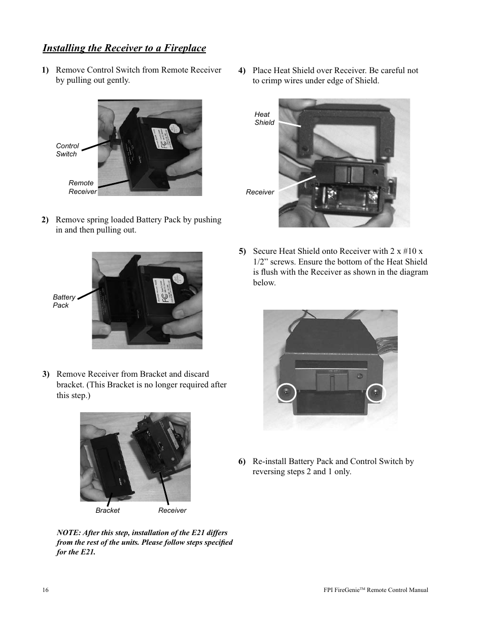 Installing the receiver to a fireplace | Regency FireGenie User Manual | Page 16 / 24