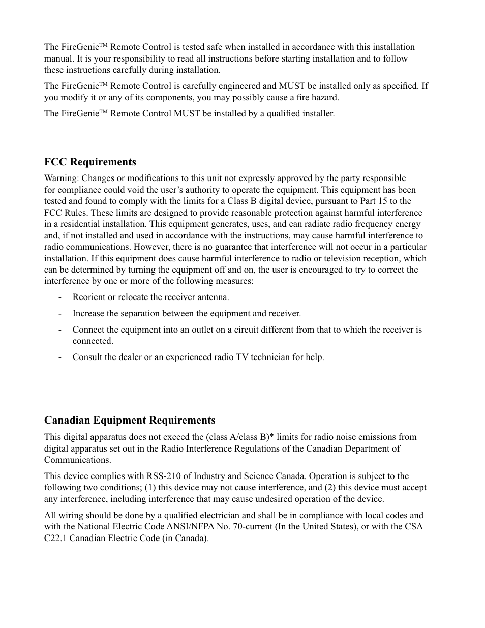 Fcc requirements, Canadian equipment requirements | Regency FireGenie User Manual | Page 2 / 24